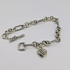 David Yurman Silver & 18K Chain Link Bracelet with Heart Charm